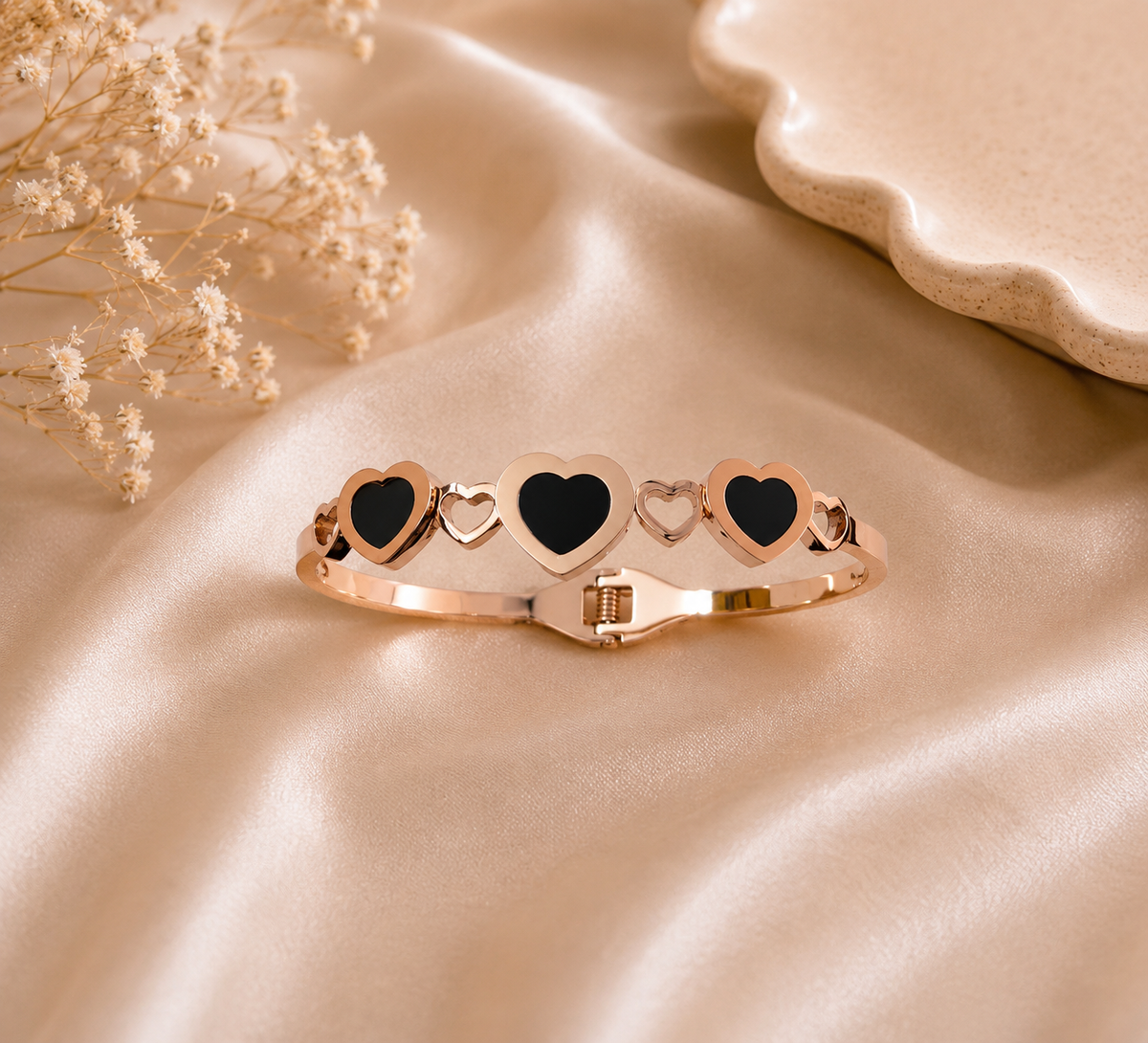 Rose Gold & Black Heart Charm Bracelet