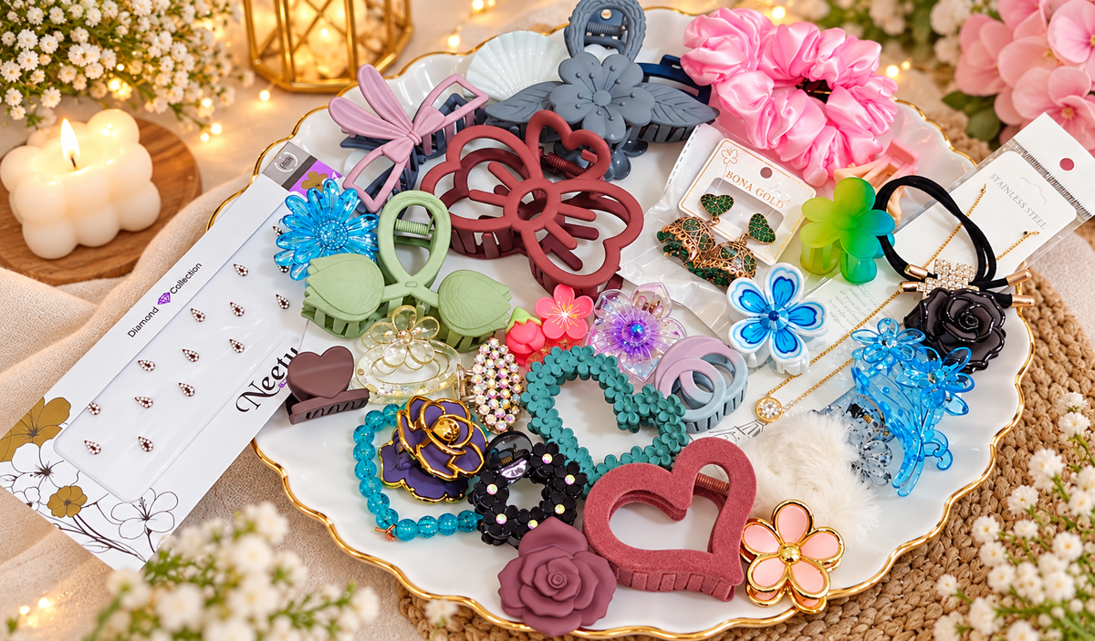 Premium Floral Hair Claw Clips & Accessories Combo