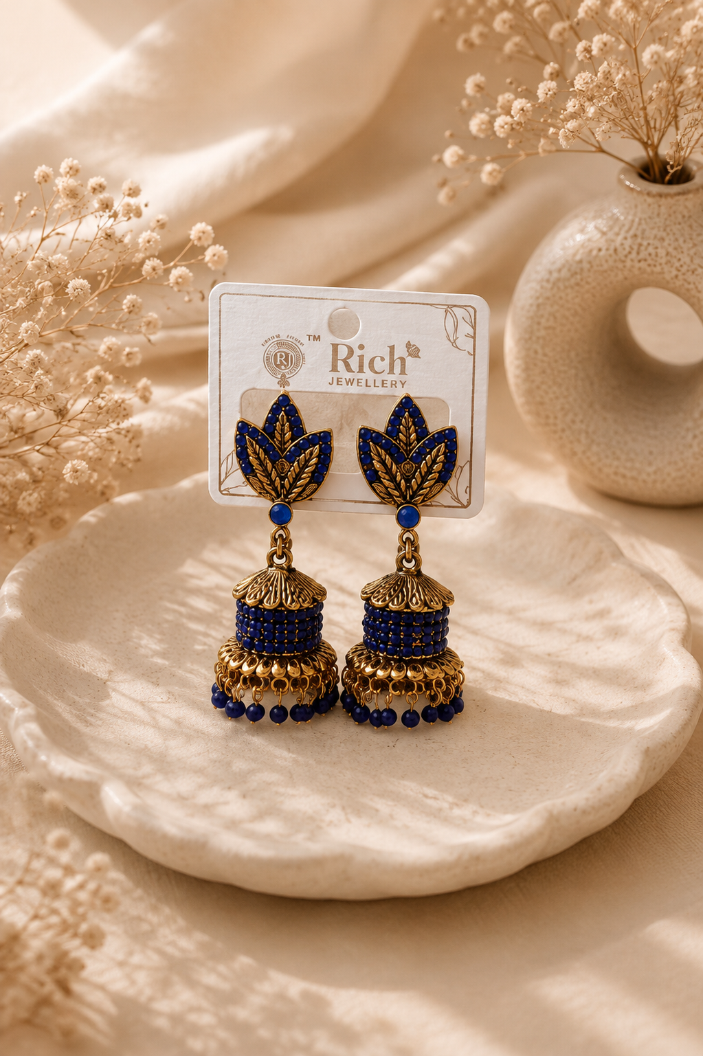 Blue Leaf Design Gold-Tone Jhumka Earrings