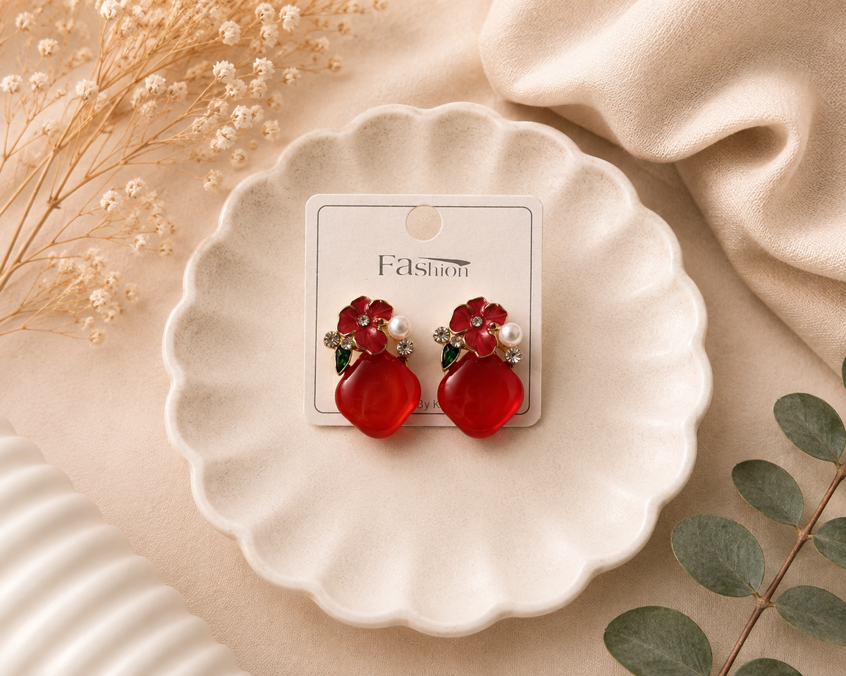 Red Floral Pearl Drop Earrings – 1 Pair
