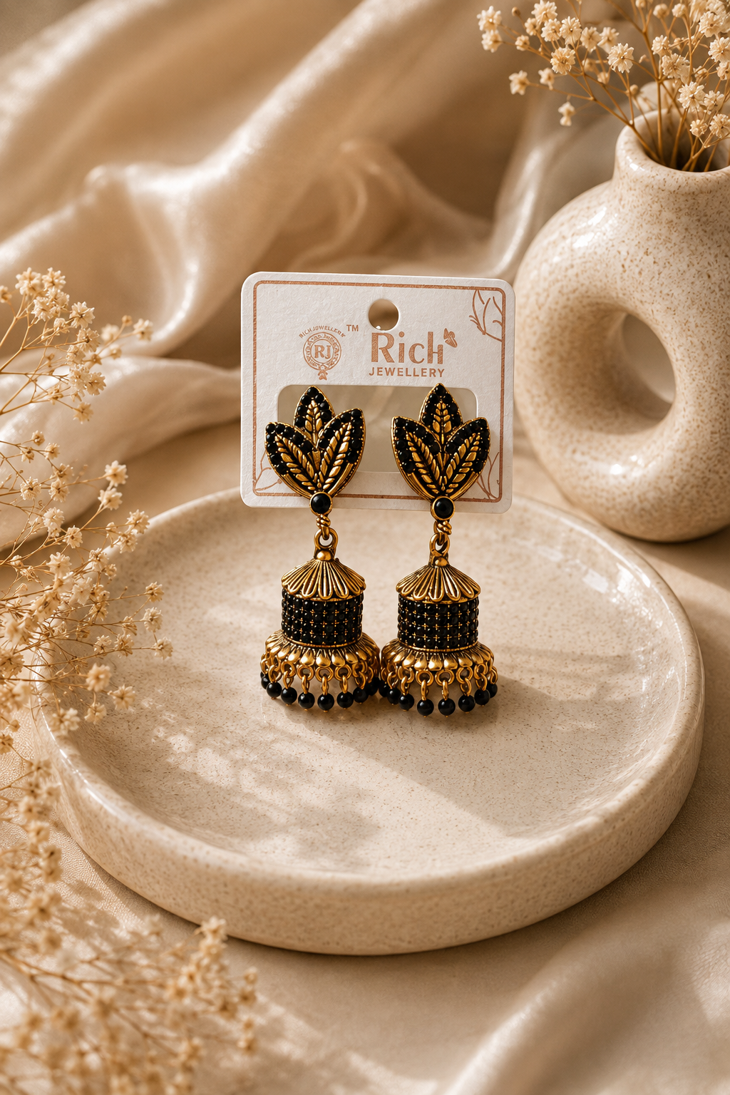 Black & Gold Leaf Design Jhumka Earrings