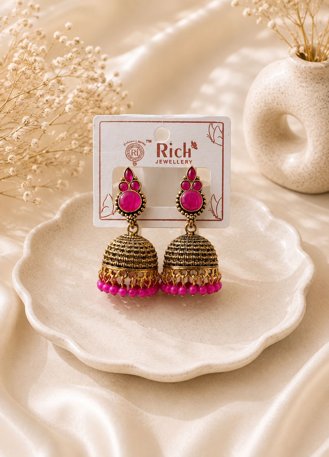 Pink Stone Antique Gold Jhumka Earrings