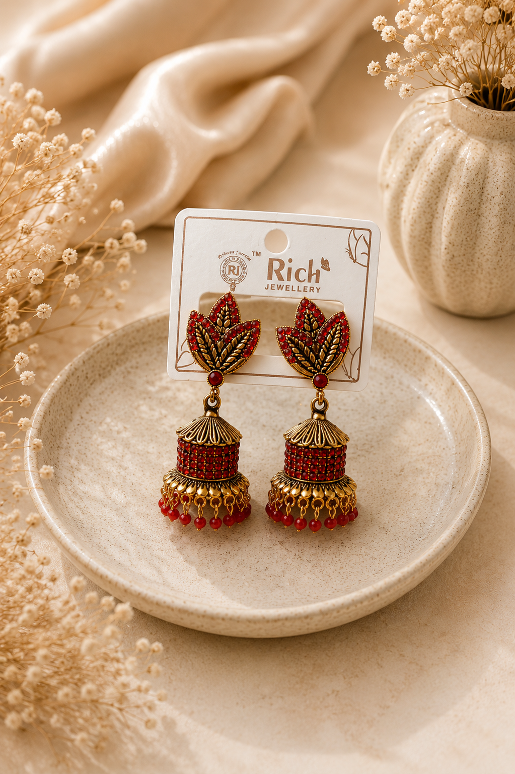 Red Leaf Design Jhumka Earrings