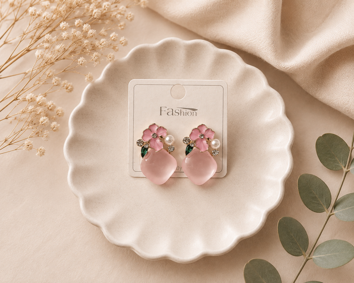 Pink Floral Pearl Drop Earrings – 1 Pair