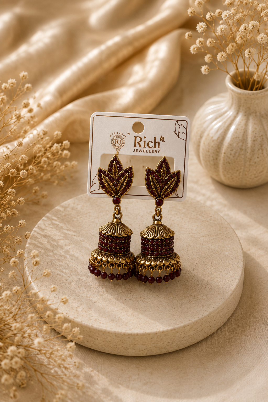 Maroon Leaf Design Gold-Tone Jhumka Earrings
