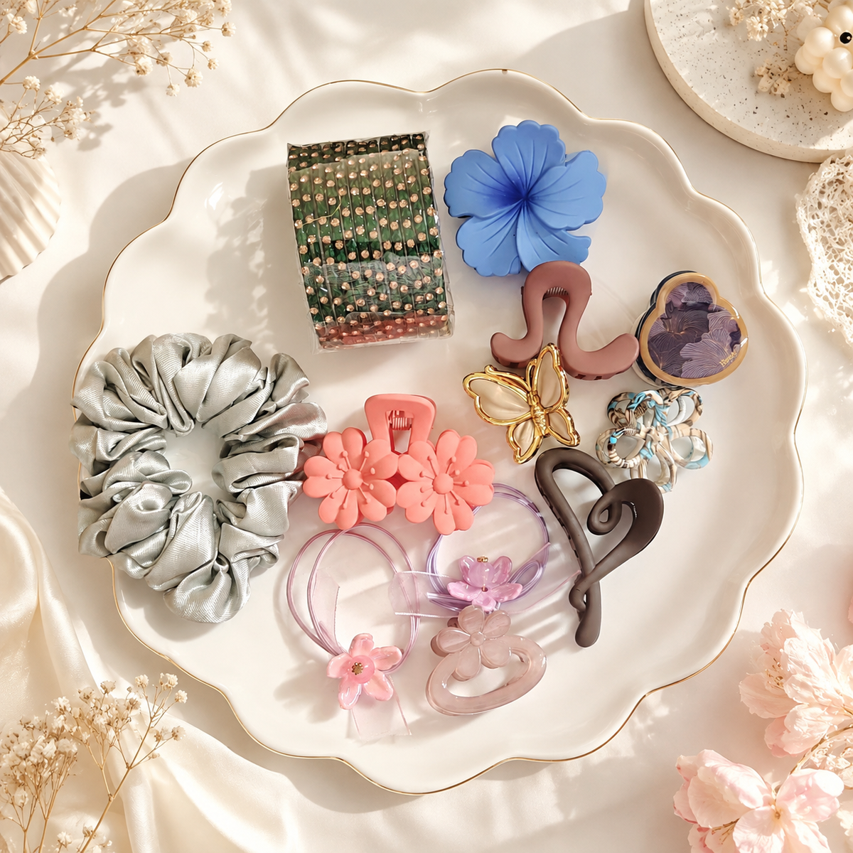 Cute Hair Accessories & Heart Bangles Combo ✨(Code:025)