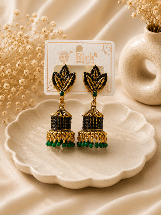 Green Leaf Design Jhumka Earrings