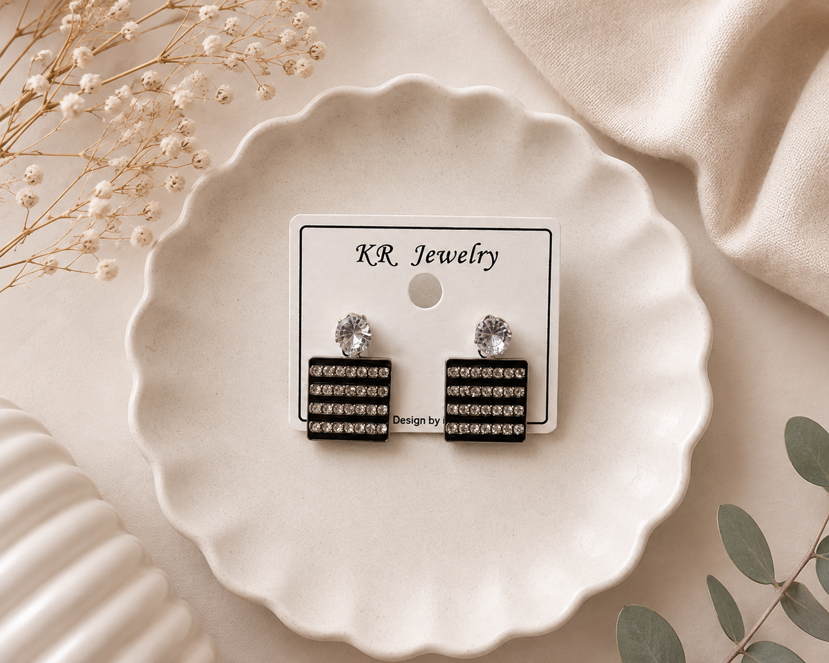 Black Crystal Rectangle Earrings – 1 Pair