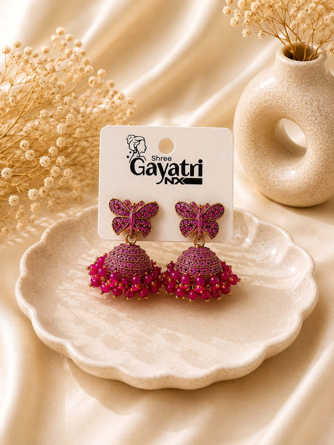 Pink Butterfly Jhumka Earrings