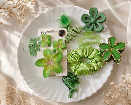 Green Floral Hair Accessories Combo – 9 Pieces