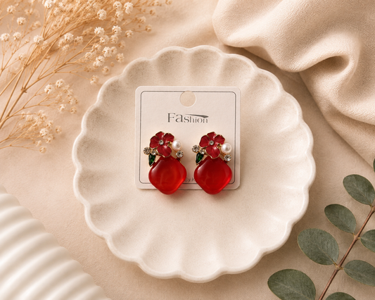 Red Floral Pearl Drop Earrings – 1 Pair
