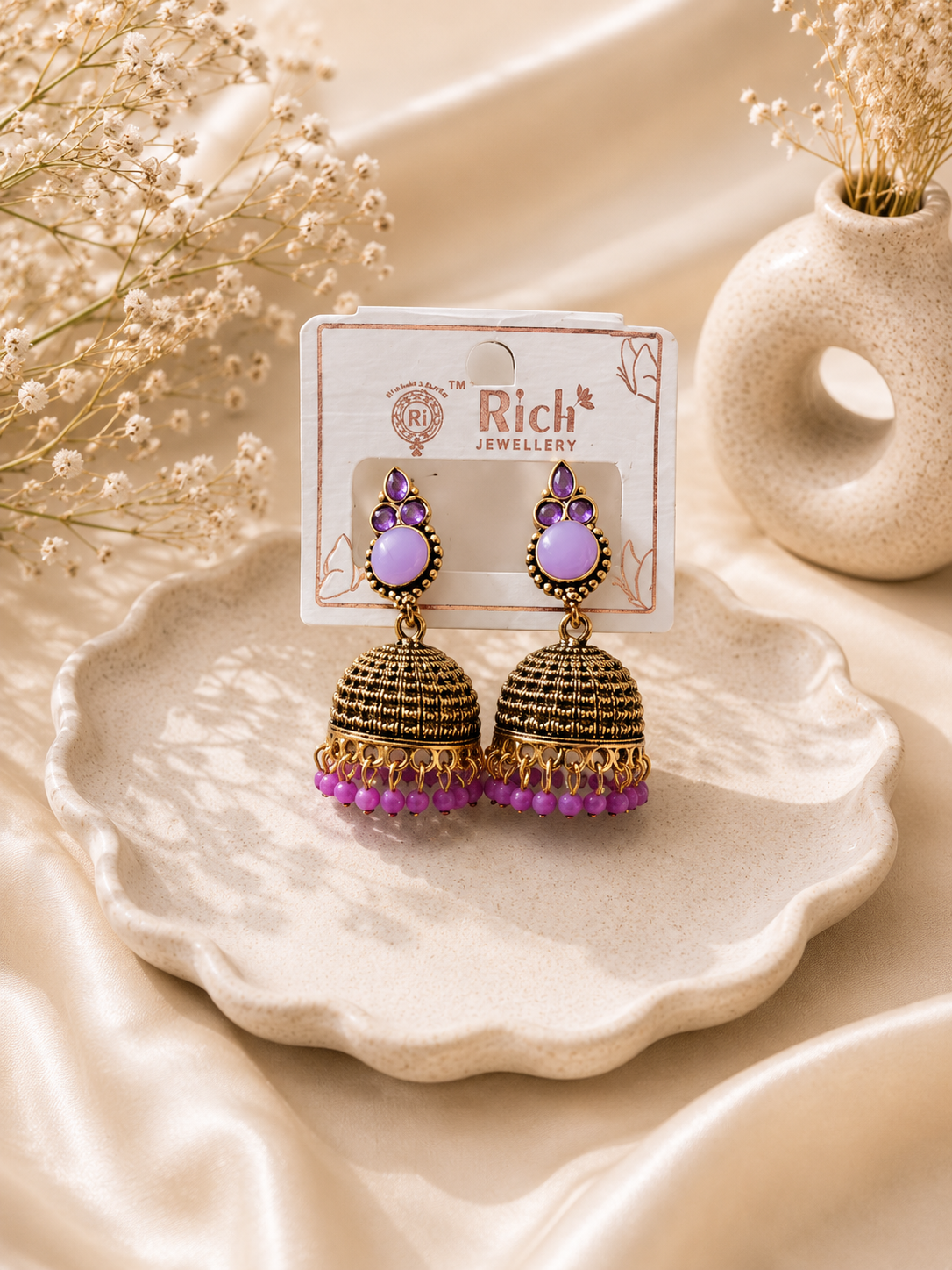 Lavender Purple Stone Antique Gold Jhumka Earrings