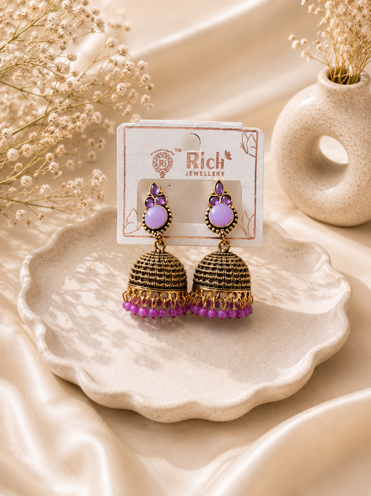 Lavender Purple Stone Antique Gold Jhumka Earrings