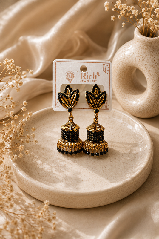Black & Gold Leaf Design Jhumka Earrings