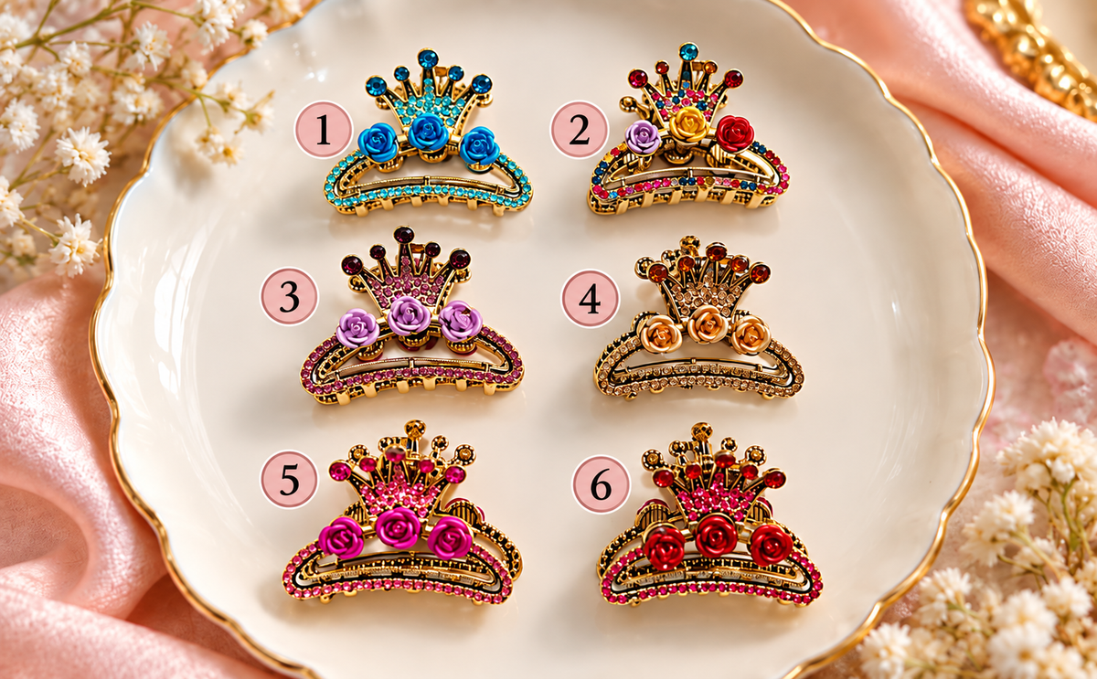 Royal Crown Rose Hair Claw Clip – Elegant Rhinestone Hair Accessory