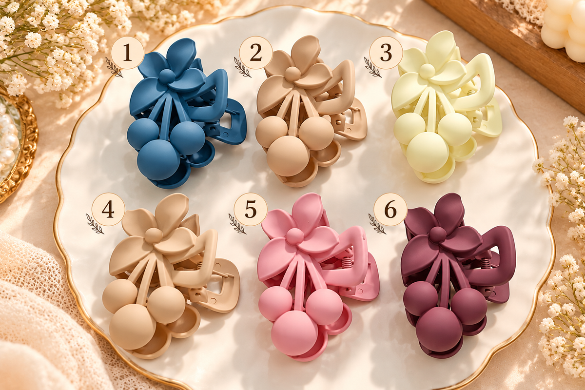 Floral Bow & Pearl Ball Hair Claw Clip – Elegant Matte Flower Hair Clip