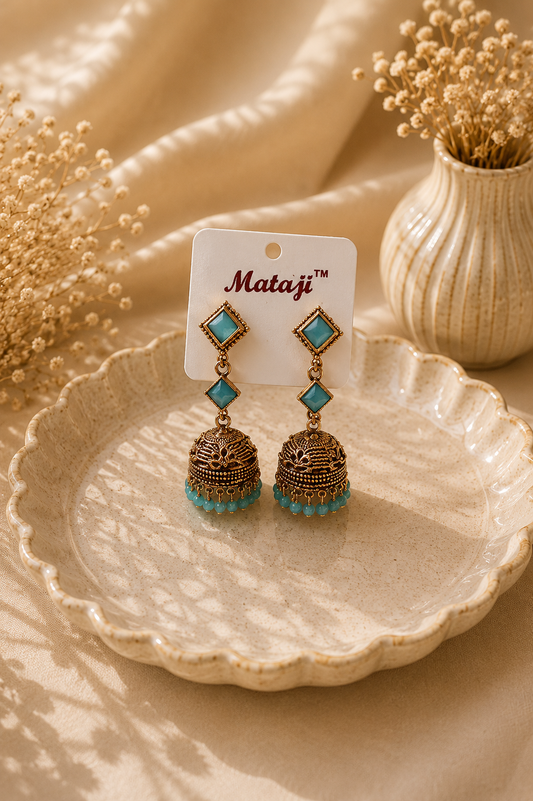 Turquoise  Blue Stone Gold Jhumka Earrings