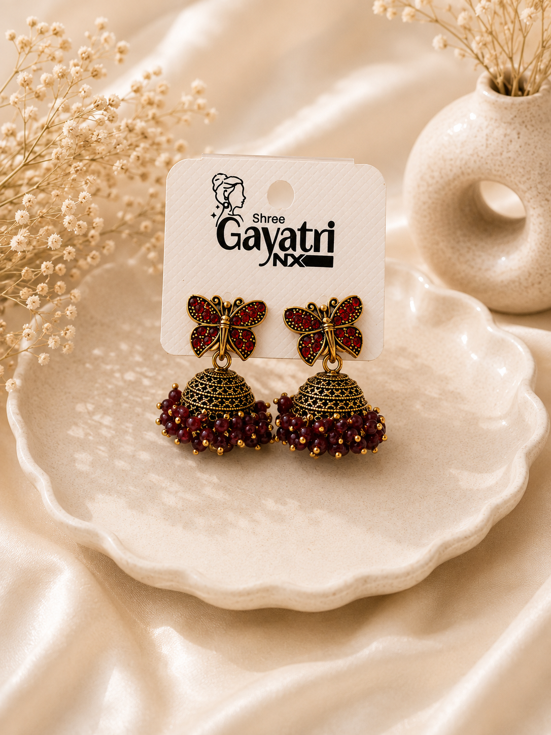 Maroon Butterfly Jhumka Earrings
