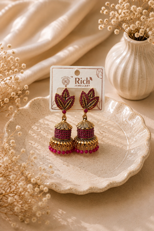 Elegant Pink Leaf Design Jhumka Earrings