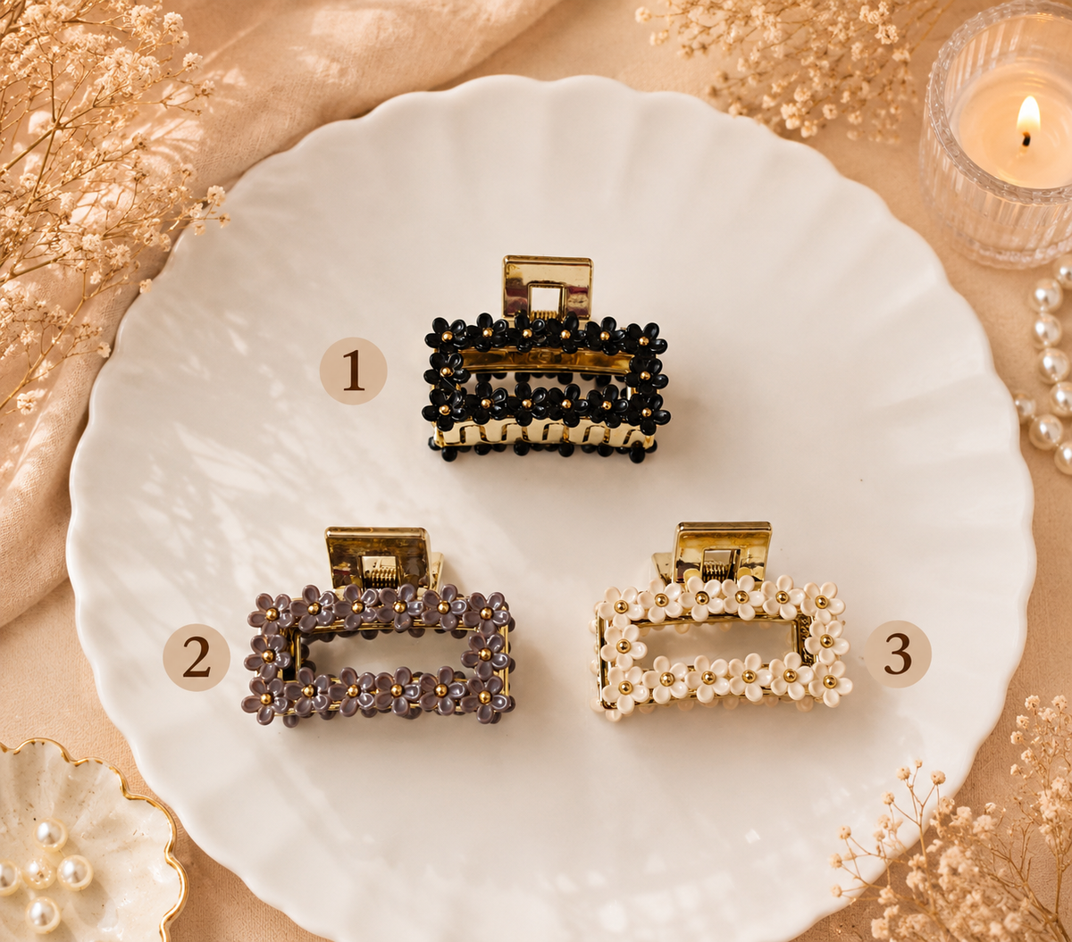 Rectangle Shape Floral Claw Clip