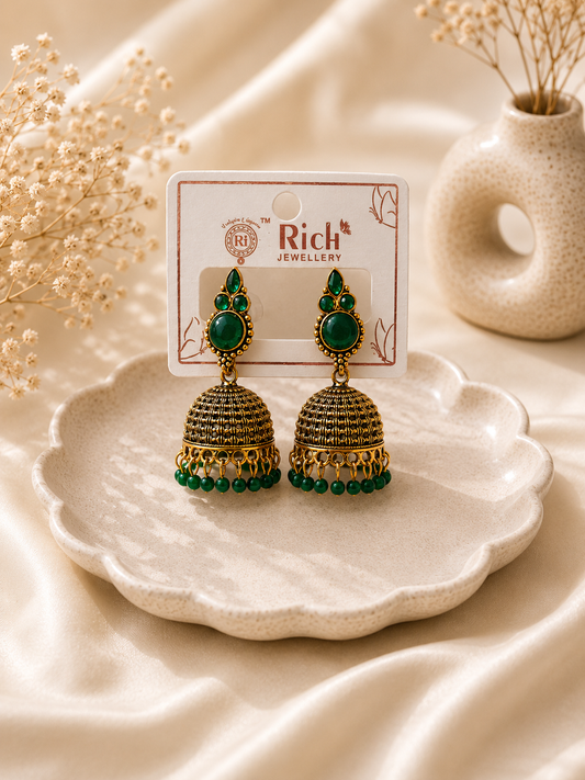 Emerald Green Stone Antique Gold Jhumka Earrings