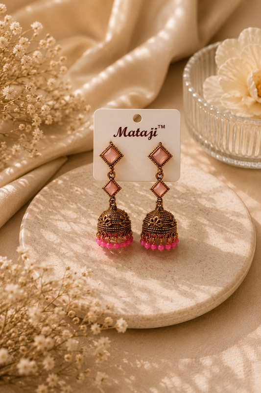Pink Stone Gold Jhumka Earrings