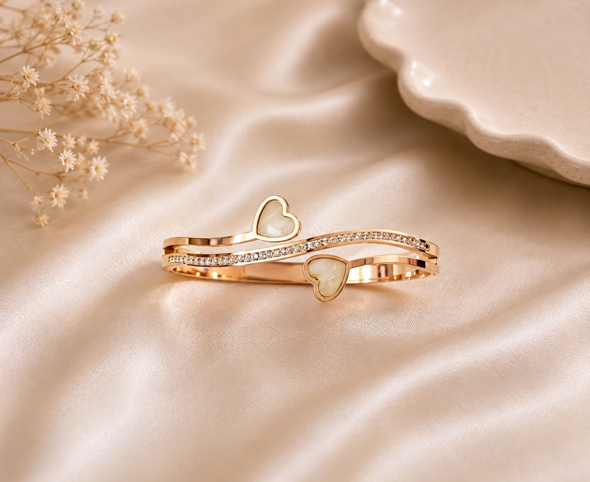 Rose Gold Double Heart Crystal Bangle