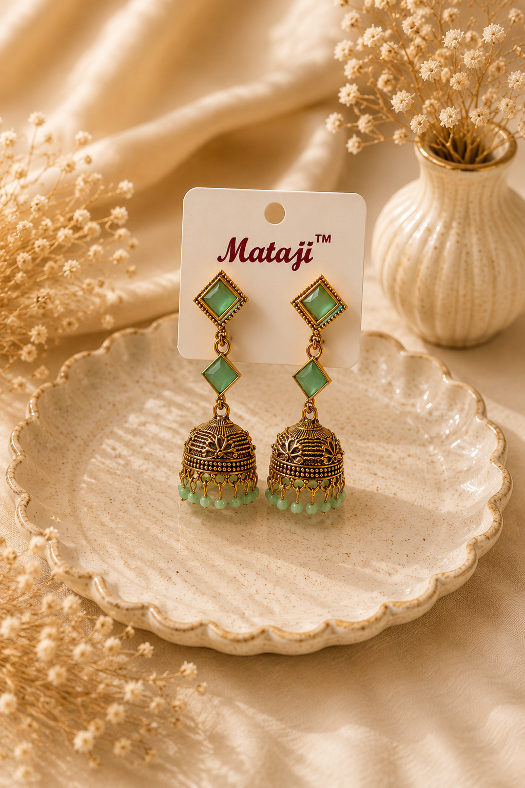 Mint Green Stone Antique Gold Jhumka Earrings