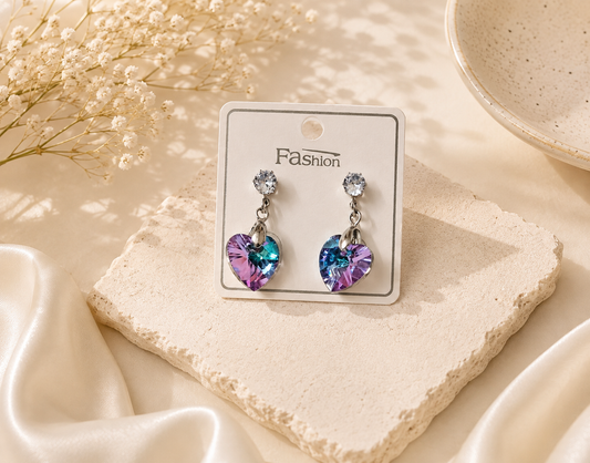 Purple & Teal Heart Crystal Drop Earrings