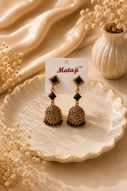 Elegant Black Stone Gold Jhumka Earrings