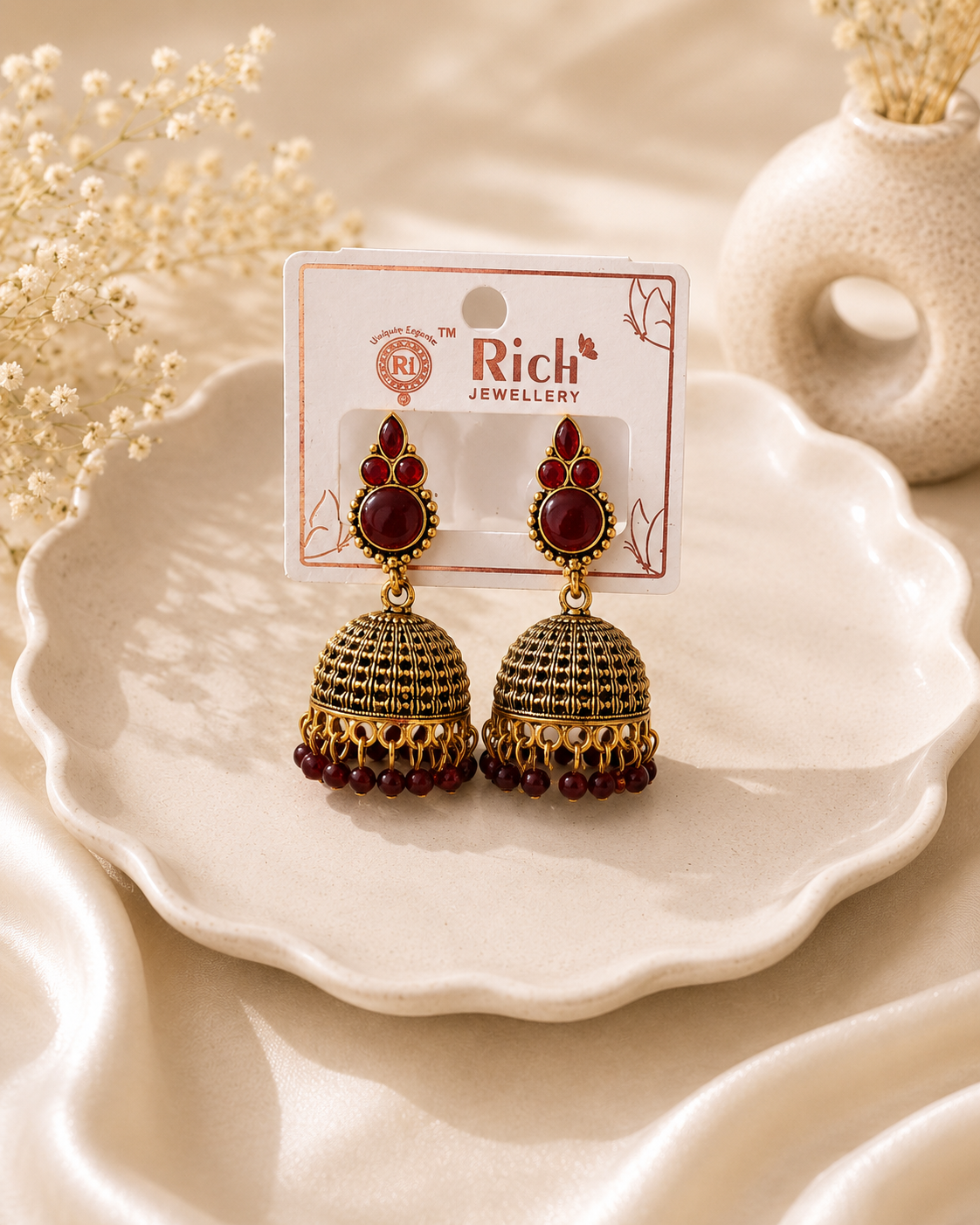 Maroon Stone Antique Gold Jhumka Earrings