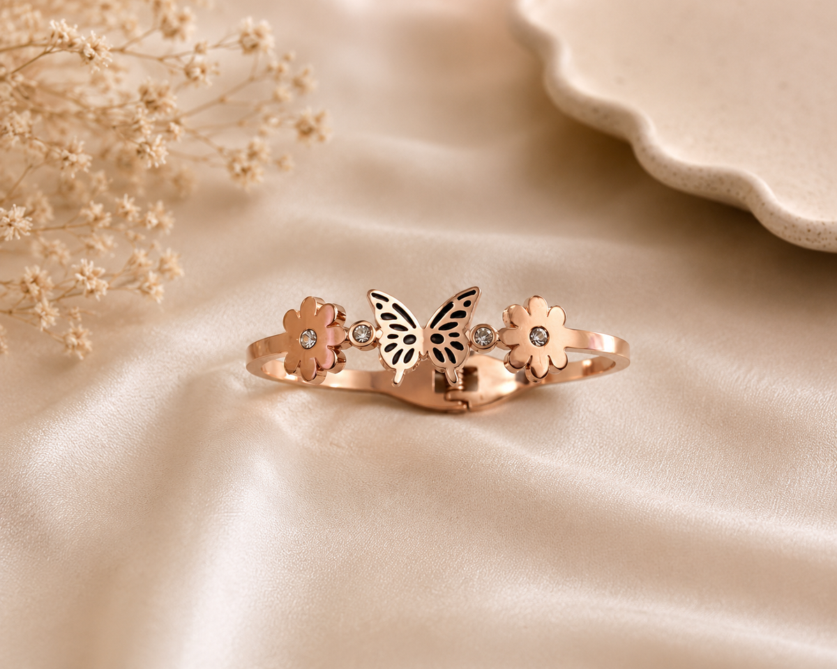 Rose Gold Butterfly Flower Crystal Bangle