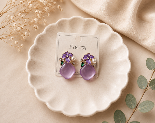 Purple Floral Pearl Drop Earrings – 1 Pair