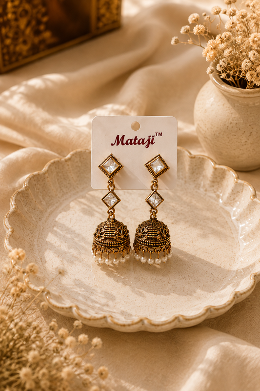 Elegant Gold Jhumka Earrings with White Beads
