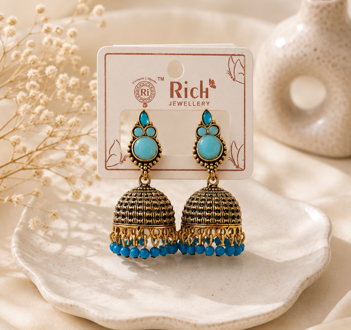 Turquoise Stone Antique Gold Jhumka Earrings