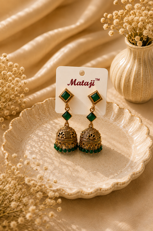 Emerald Green Stone Gold Jhumka Earrings